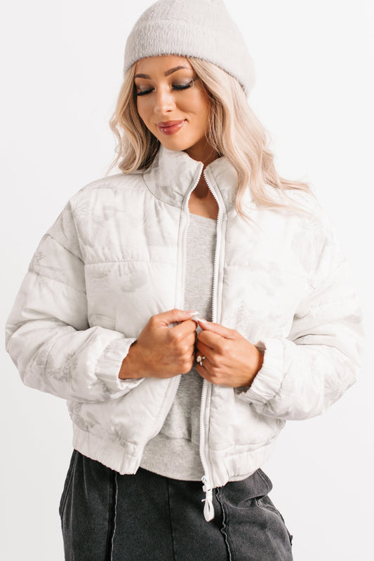 Winter Blooms Floral Puffer Jacket (White/Grey)
