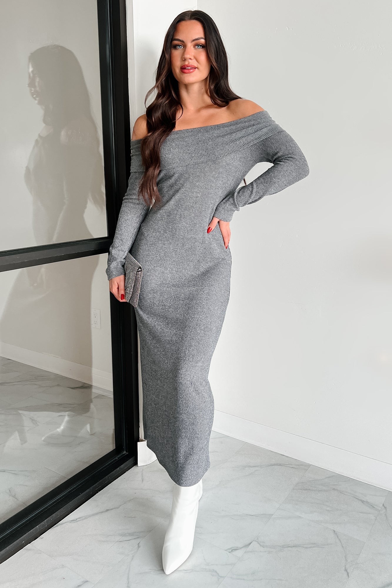 Tanya Off The Shoulder Sweater Maxi Dress (Heather Grey)