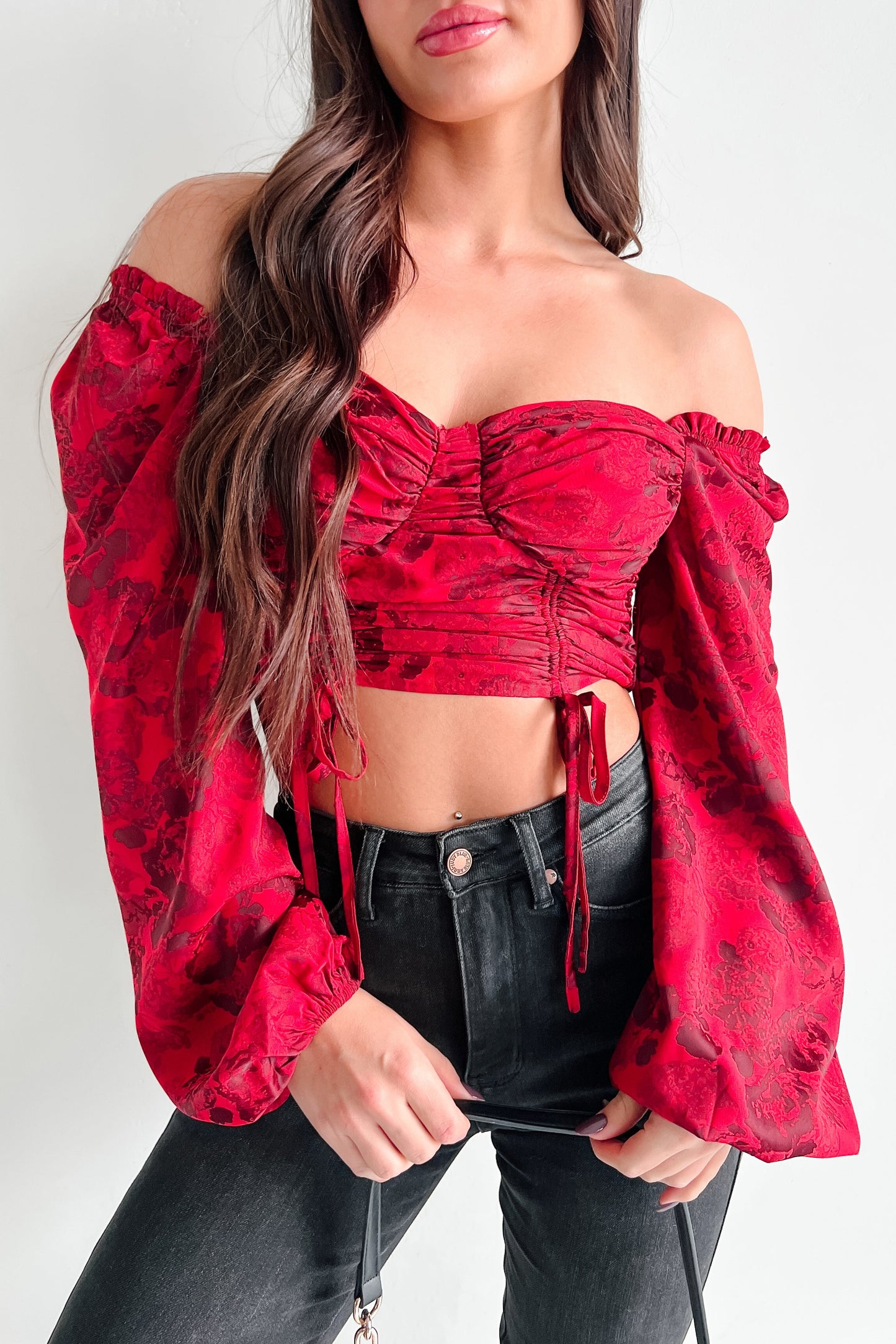 Romantic Plans Peasant Sleeve Floral Top (Red)