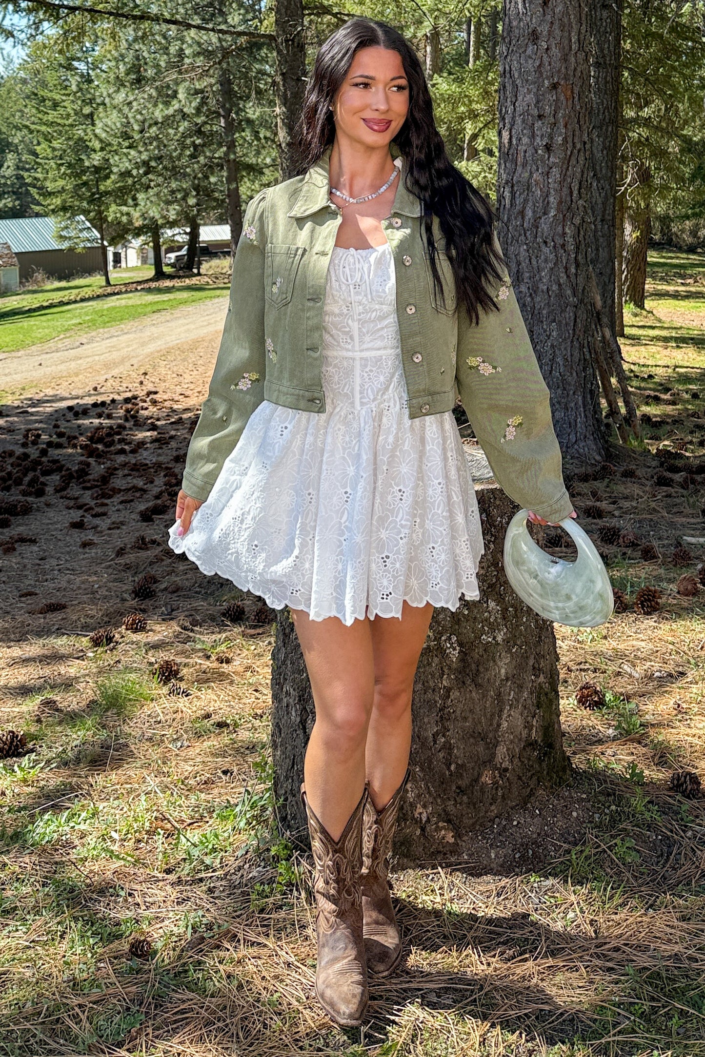 Under The Sun Floral Denim Cropped Shacket (Olive)