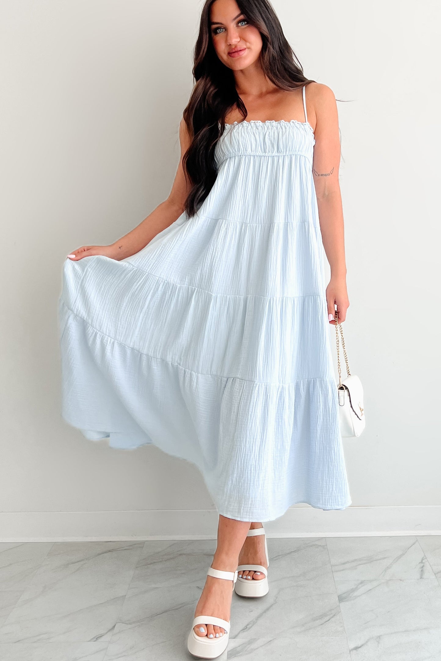 Twilight Glow Sleeveless Tiered Maxi Dress (Light Blue)