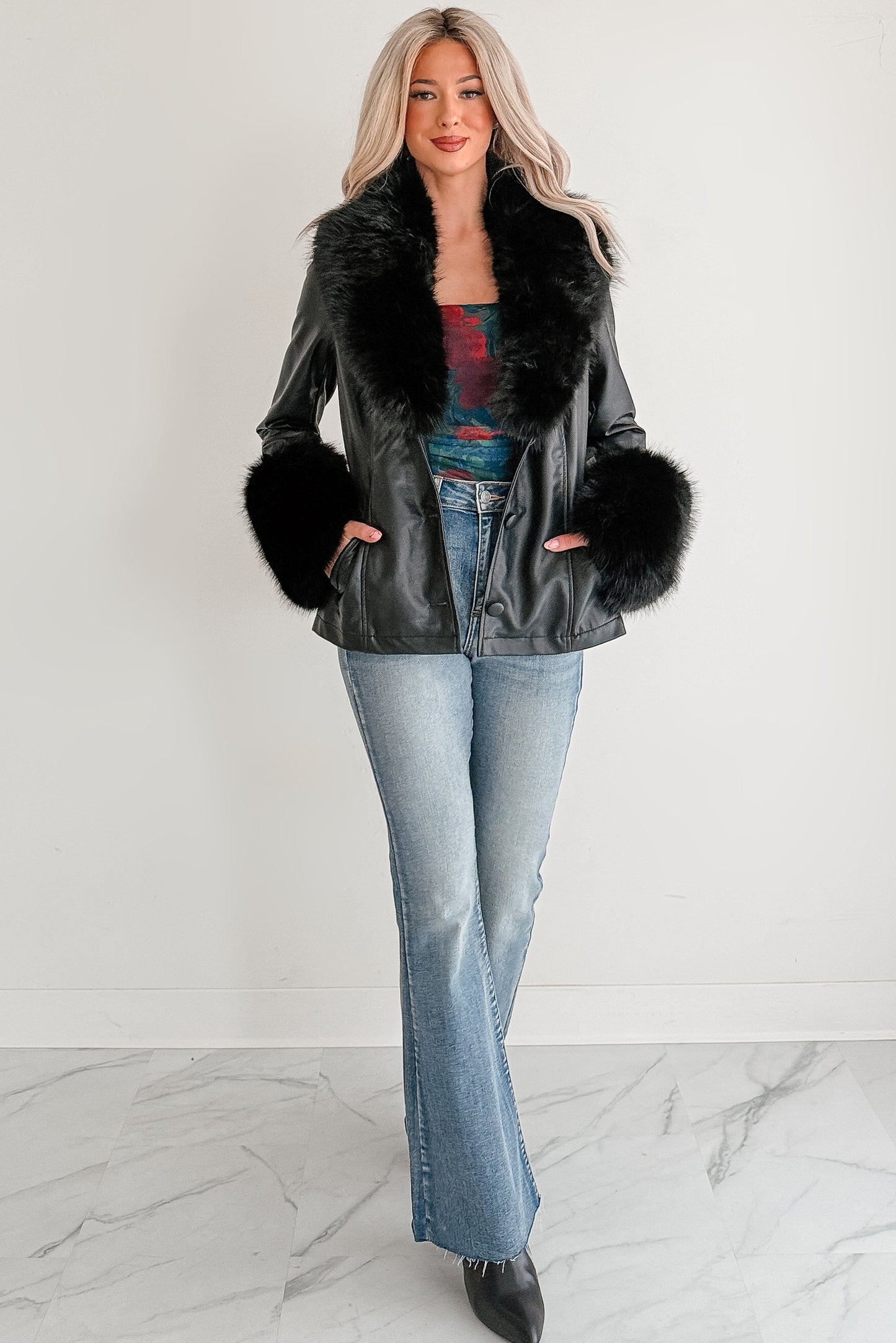 Star Quality Fur Trim Faux Leather Jacket (Black)