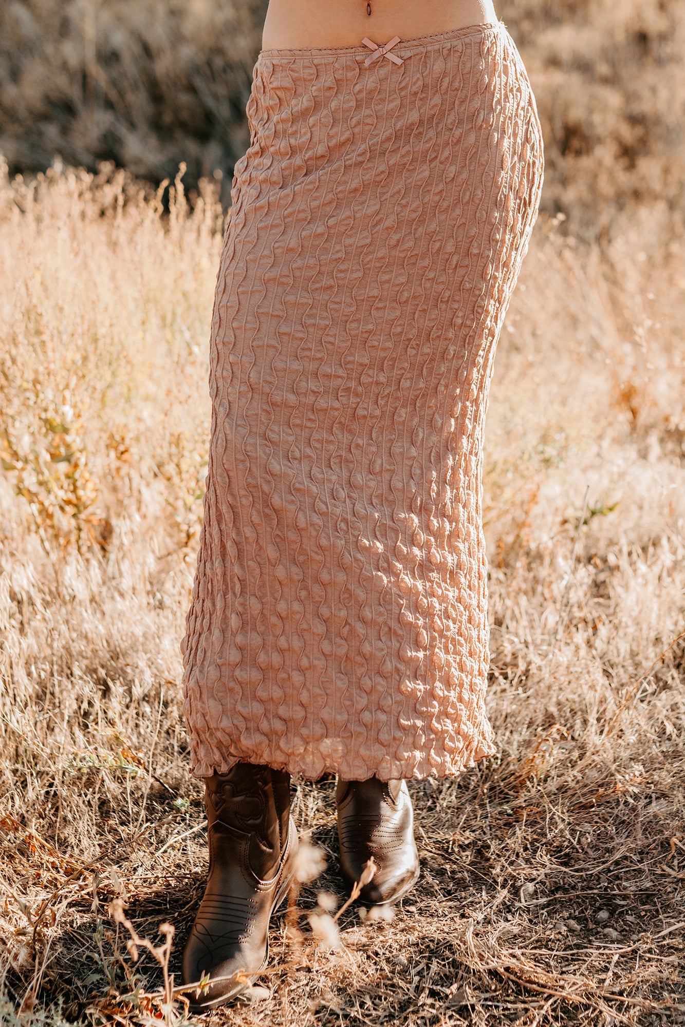 Polished Ease Textured Lace Maxi Skirt (Tan)