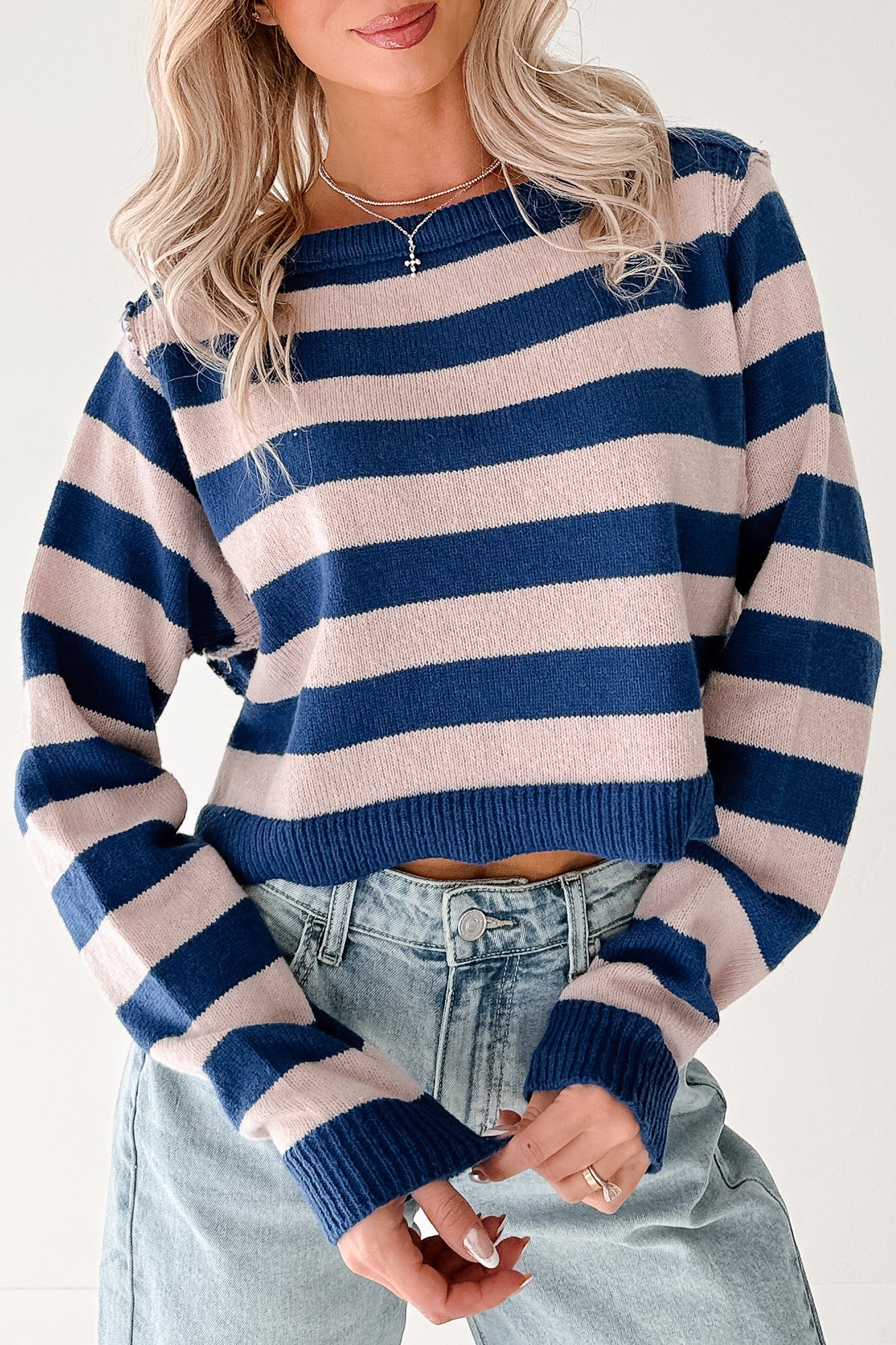 Wishing Well Stripe Boat Neck Sweater (Cobalt/Dusty Pink)