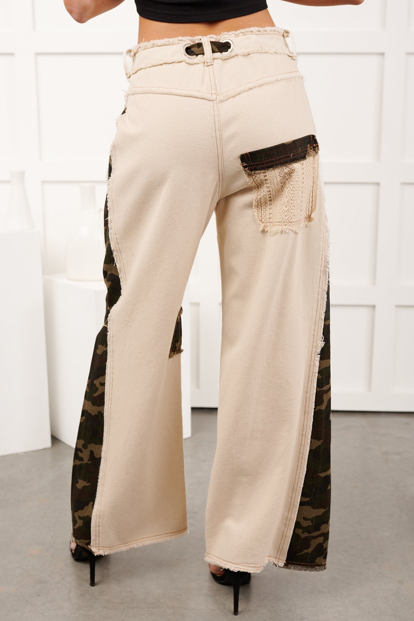 Rosales Wide Leg Camo Denim Pants (Ivory)