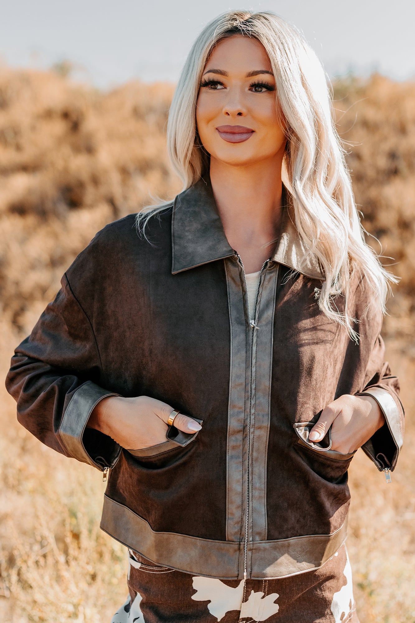 The Takeover Suede Faux Leather Jacket (Dark Brown)