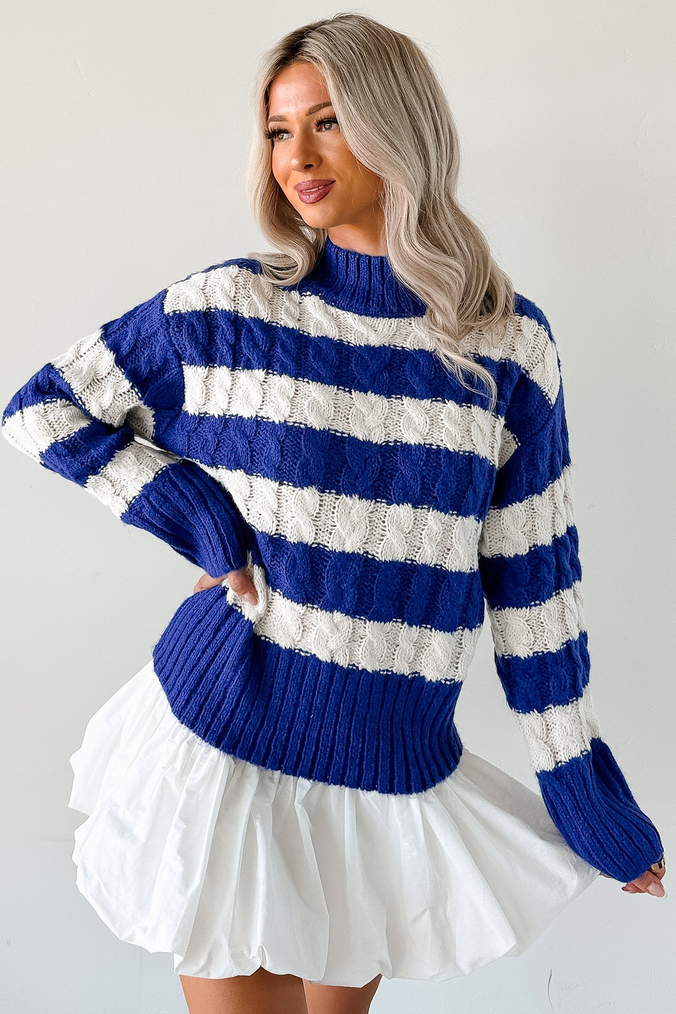 Restful Rhythm Cable Knit Striped Sweater (Royal)