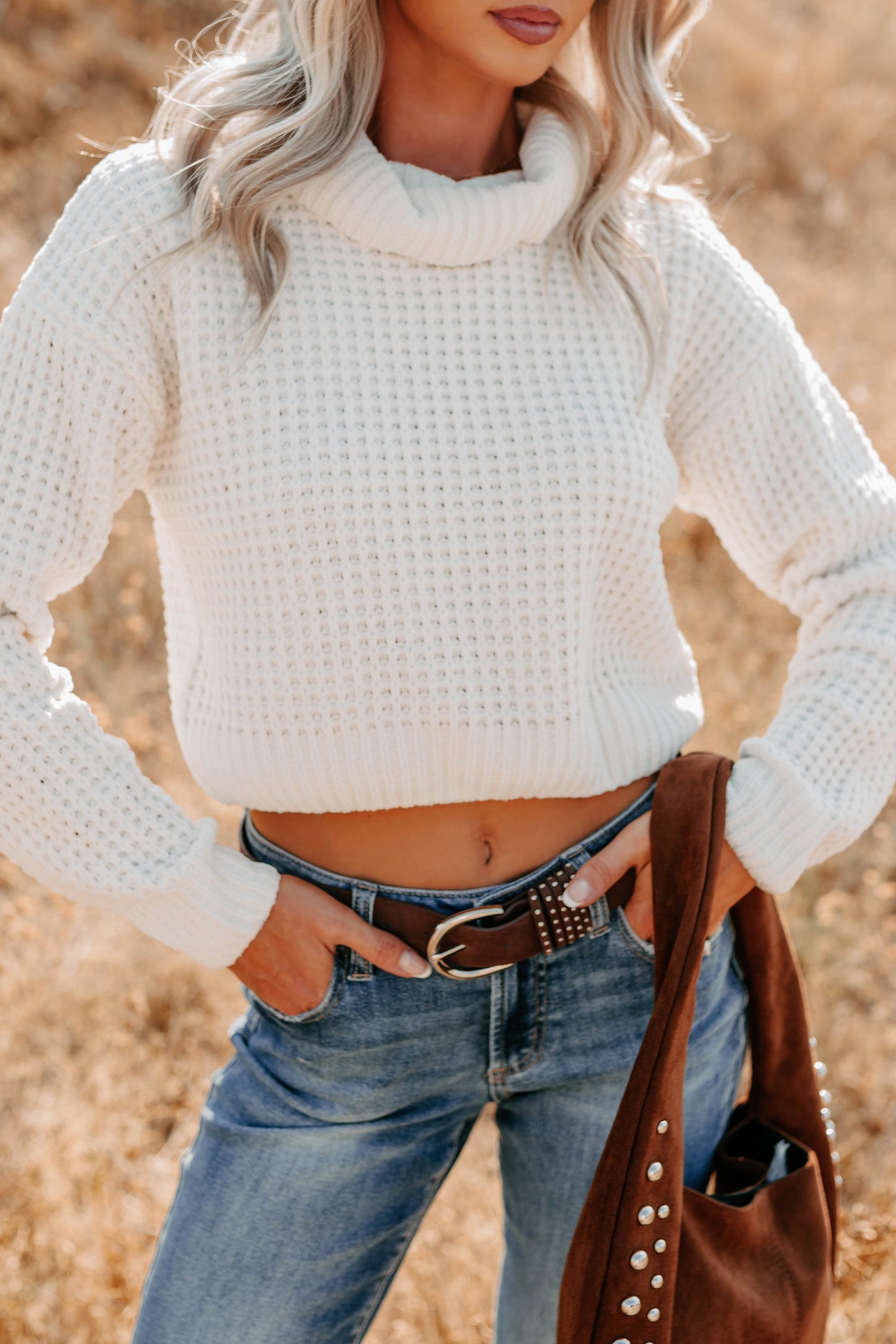 Snug Session Turtleneck Chenille Crop Sweater (Ivory)